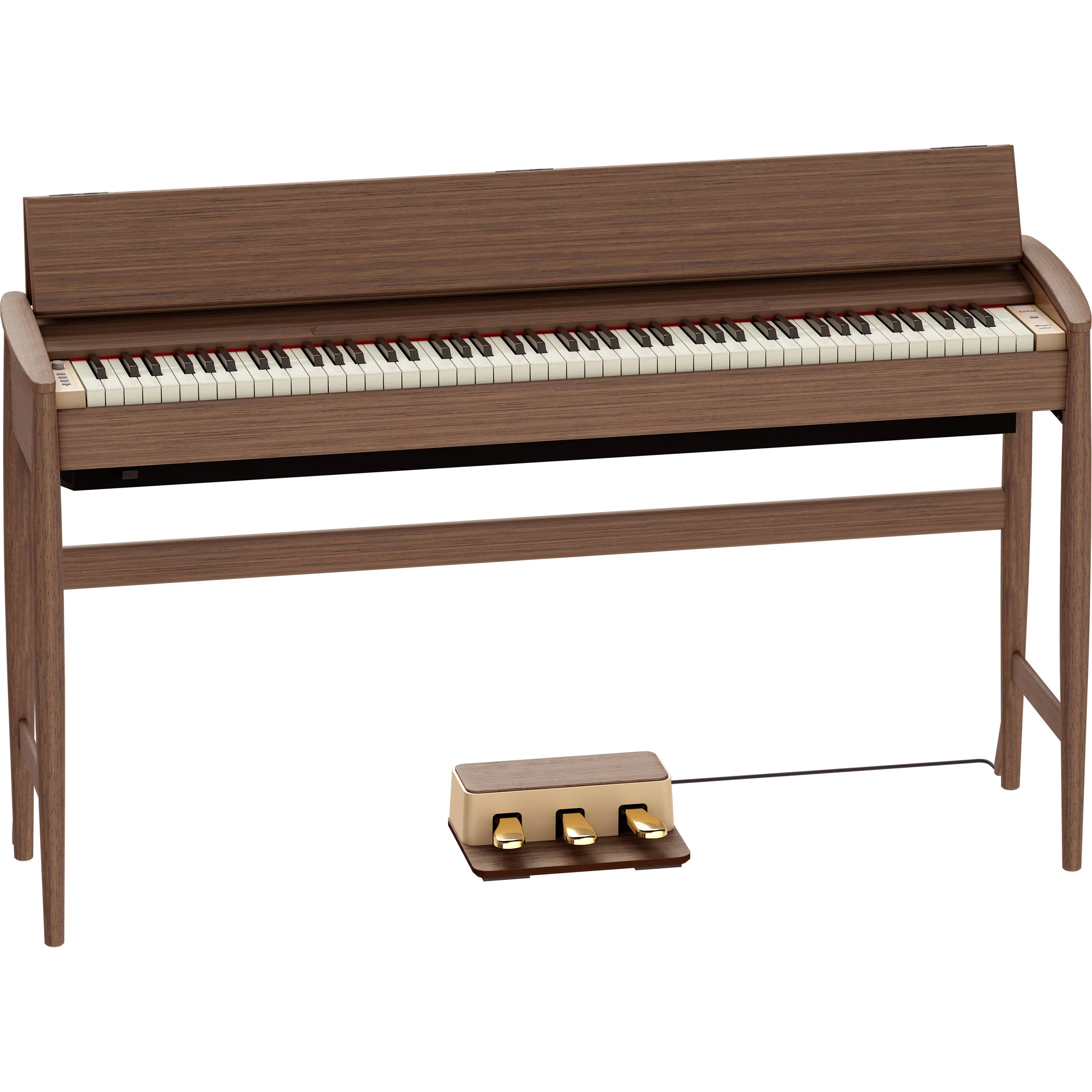 Roland Kiyola KF-20 Digitalpiano mit Pedalen und geöffneter Klappe in Walnussfarbe